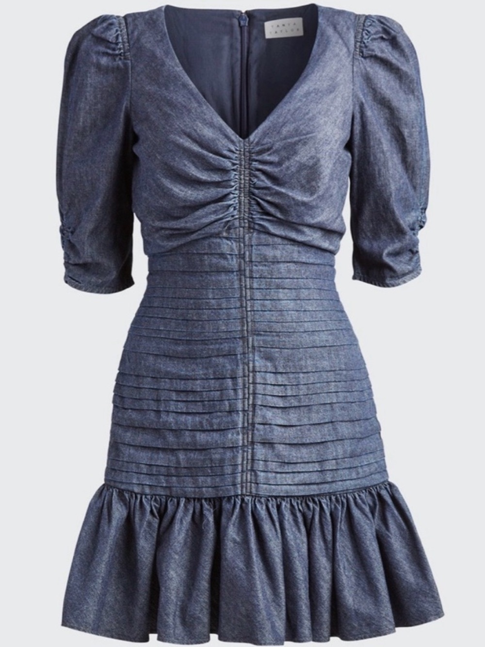 Tanya Taylor Pansy Mini Dress Size 2 Ruched Denim Americana Ruffle Tier Flounce - Picture 1 of 15